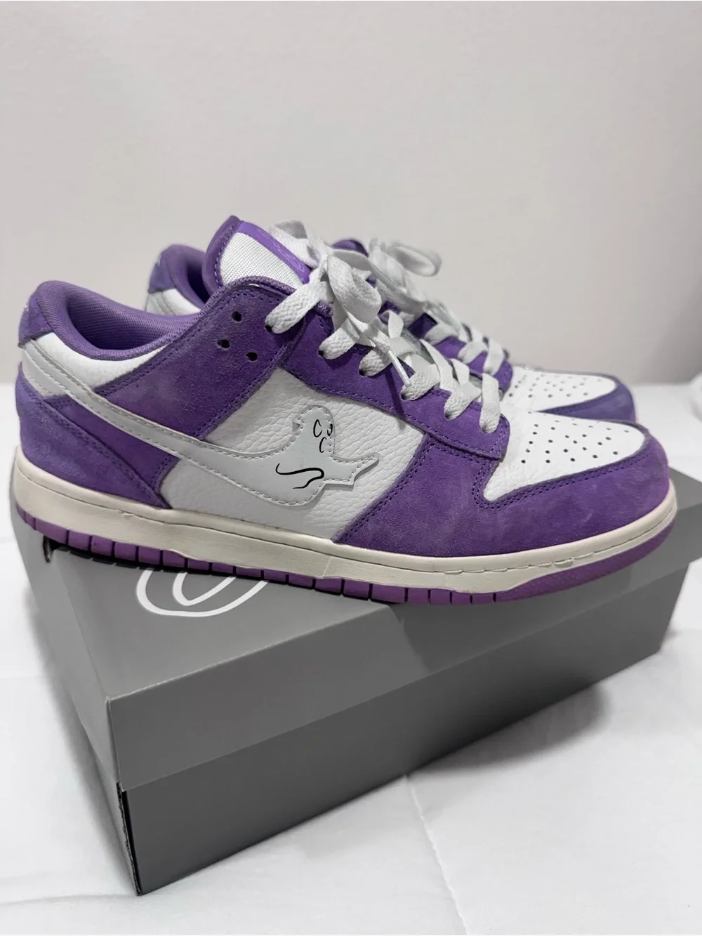 Purple and White Low-Top Sneakers with Ghost Logo